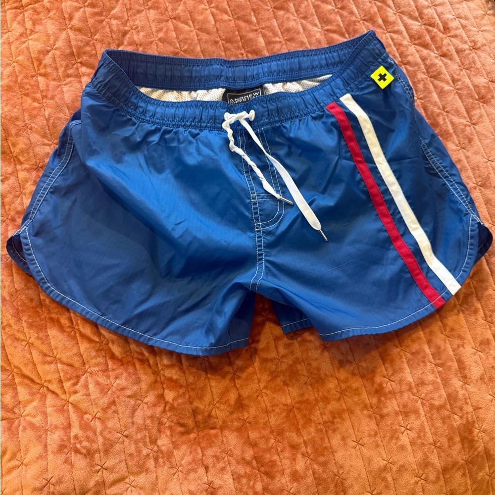 Andrew Christian Blue Swim Shorts with Red and White Stripe